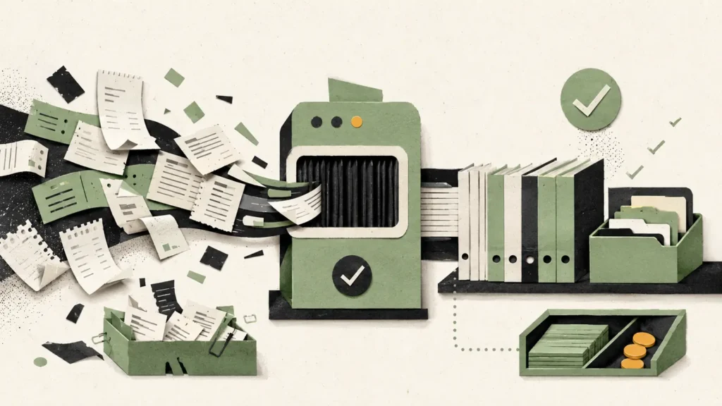 Redactionele collage waarin losse zakelijke papieren worden geordend tot een overzichtelijke administratie