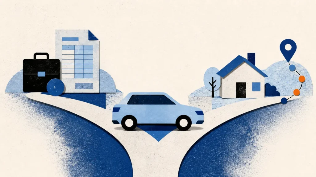 Papiercollage van een auto op de keuzeweg tussen zakelijk en privé voor een zzp’er